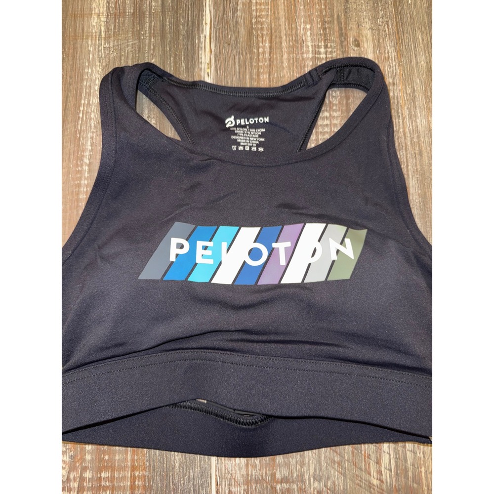 Peloton Womens Black Graphic Logo Racerback Sports Bra Size S NWT